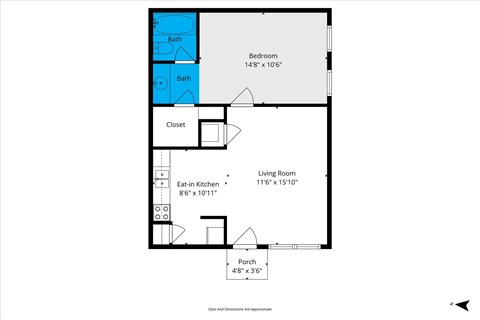 Floor plan for 1 bed, 1 bath, 600 sqft